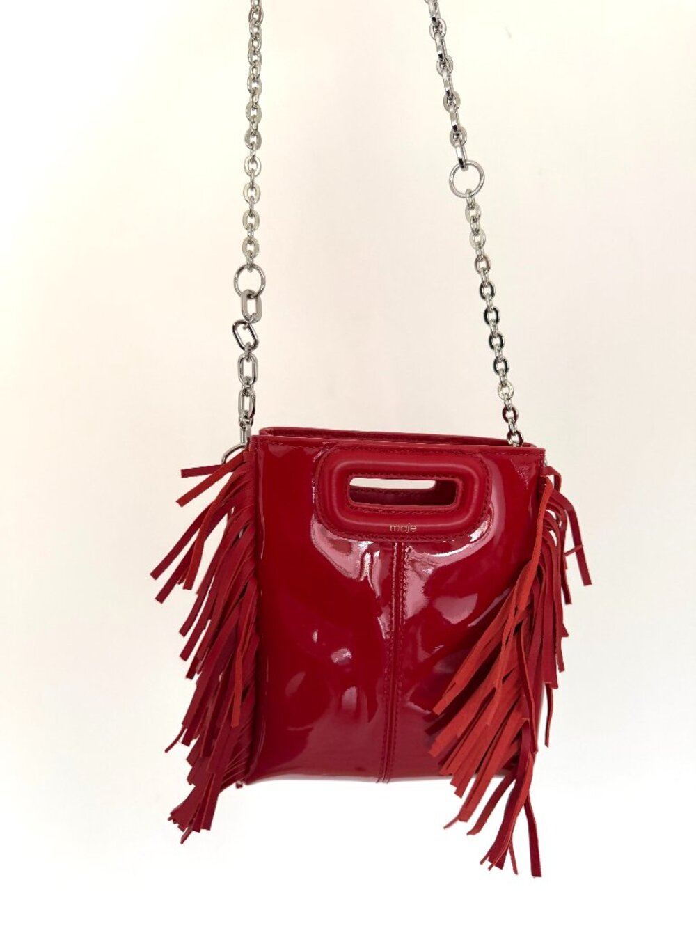 Maje Patent Leather Mini M Bag Red/Burgundy Fringe